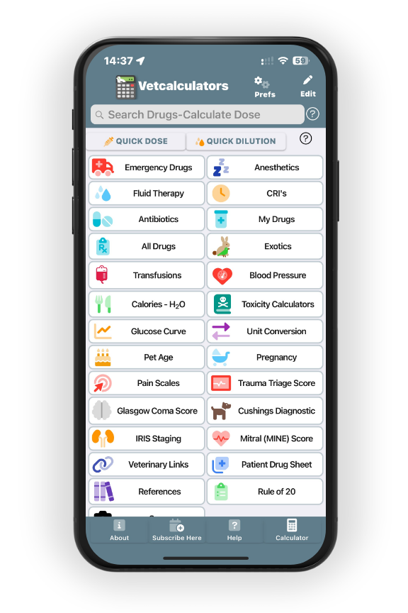 Home screen of the Vetcalculator mobile app